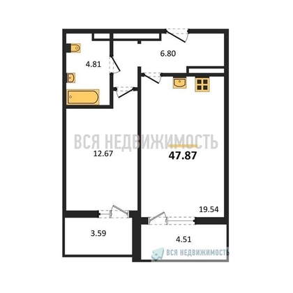 1-комнатная квартира, 47.87кв.м - изображение