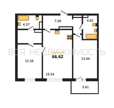 2-комнатная квартира, 66.62кв.м - изображение