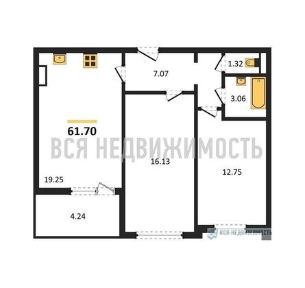 2-комнатная квартира, 61.7кв.м - изображение