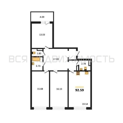 3-комнатная квартира, 92.59кв.м - изображение