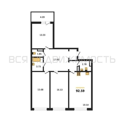 3-комнатная квартира, 92.59кв.м - изображение