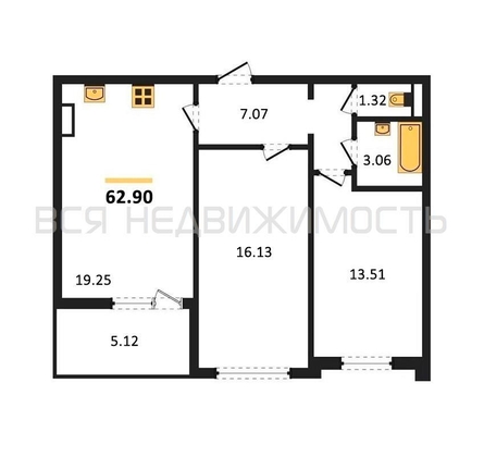 2-комнатная квартира, 62.9кв.м - изображение