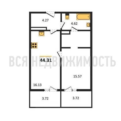 1-комнатная квартира, 44.31кв.м - изображение