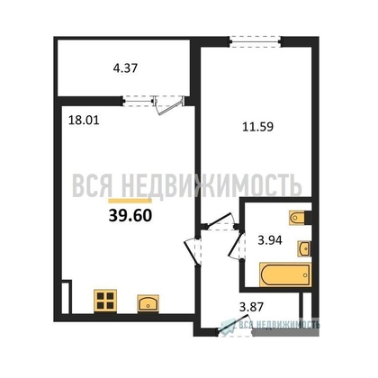 1-комнатная квартира, 39.6кв.м - изображение