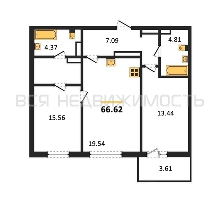 2-комнатная квартира, 66.62кв.м - изображение