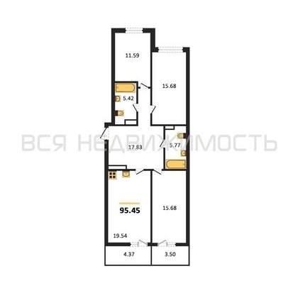 3-комнатная квартира, 95.45кв.м - изображение