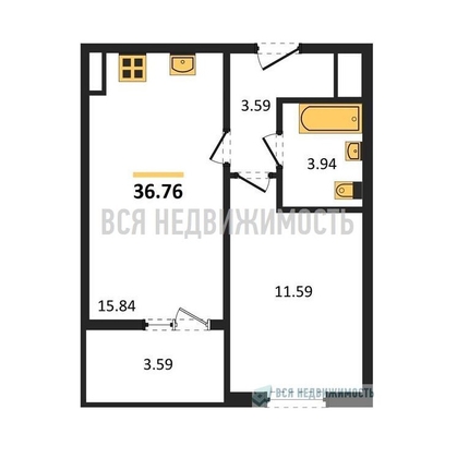 1-комнатная квартира, 36.76кв.м - изображение