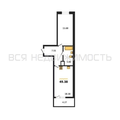 1-комнатная квартира, 49.38кв.м - изображение