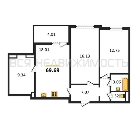 2-комнатная квартира, 69.69кв.м - изображение