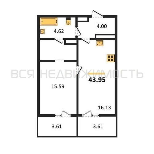 1-комнатная квартира, 43.95кв.м - изображение 0