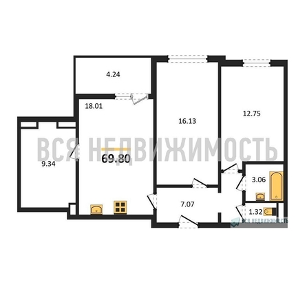 2-комнатная квартира, 69.8кв.м - изображение