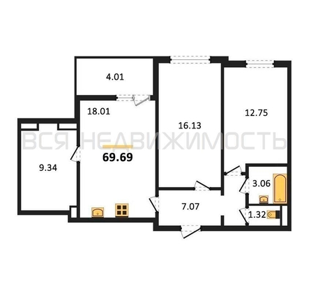2-комнатная квартира, 69.69кв.м - изображение