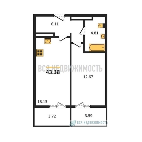 1-комнатная квартира, 43.38кв.м - изображение 0