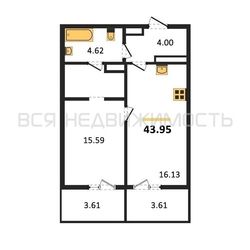 1-комнатная квартира, 43.95кв.м 1-комнатная квартира, 43.95кв.м - изображение 1
