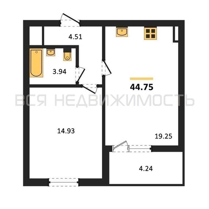 1-комнатная квартира, 44.75кв.м - изображение