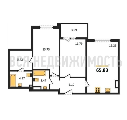 2-комнатная квартира, 65.83кв.м - изображение