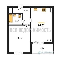 1-комнатная квартира, 44.75кв.м 1-комнатная квартира, 44.75кв.м - изображение 1
