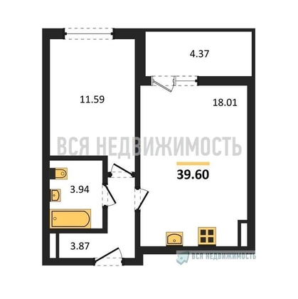 1-комнатная квартира, 39.6кв.м - изображение