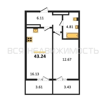 1-комнатная квартира, 43.24кв.м - изображение