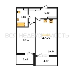 1-комнатная квартира, 47.72кв.м - изображение 1