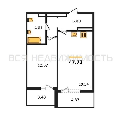 1-комнатная квартира, 47.72кв.м - изображение