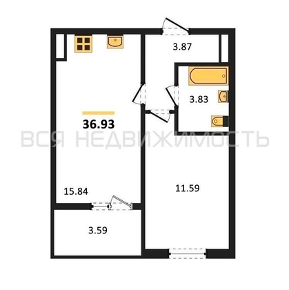 1-комнатная квартира, 36.93кв.м - изображение