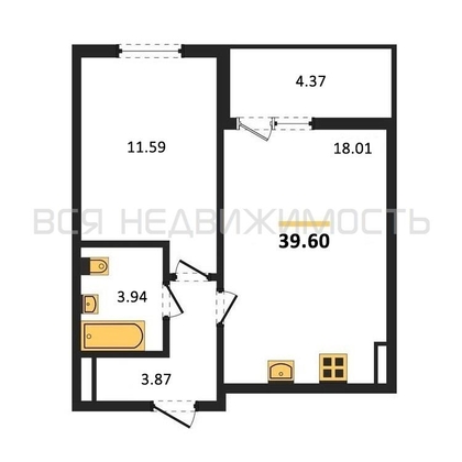 1-комнатная квартира, 39.6кв.м - изображение