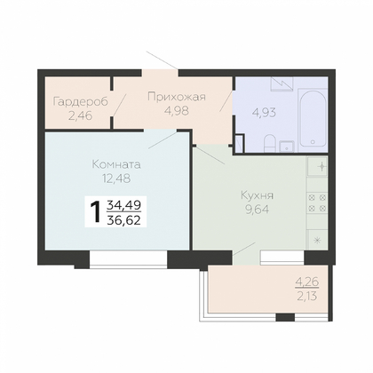1-комнатная квартира, 36.62кв.м - изображение