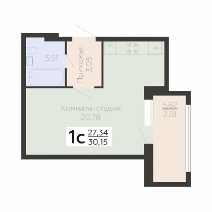 квартира-студия, 30,15кв.м. - изображение