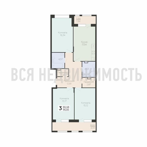 3-комнатная квартира, 96.85кв.м - изображение 0