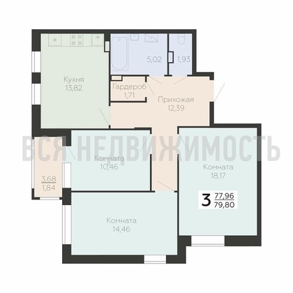 3-комнатная квартира, 79.8кв.м - изображение