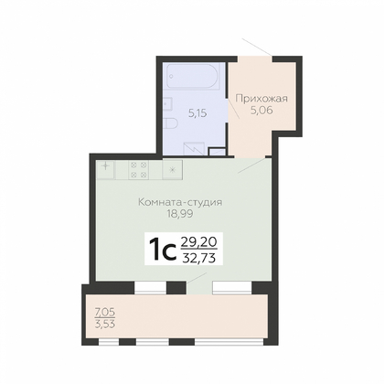квартира-студия, 32,73кв.м. - изображение
