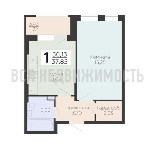 1-комнатная квартира, 37.85кв.м - изображение 0