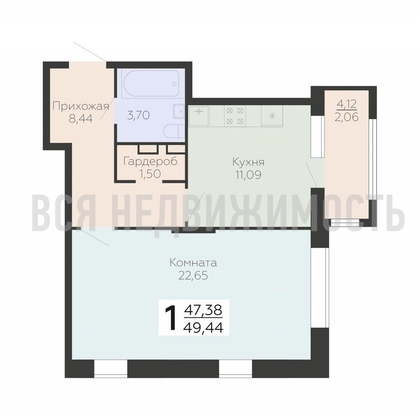 1-комнатная квартира, 49.44кв.м - изображение