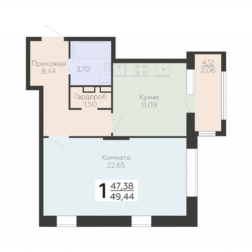 1-комнатная квартира, 49.44кв.м - изображение 0