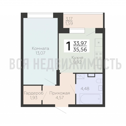 1-комнатная квартира, 35.56кв.м - изображение