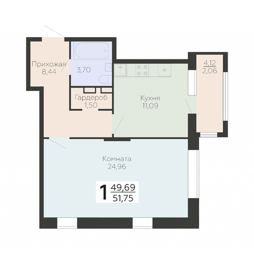 1-комнатная квартира, 51.75кв.м - изображение 0