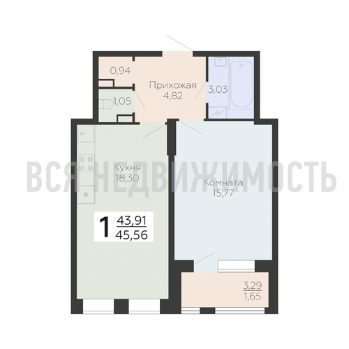 1-комнатная квартира, 45.56кв.м - изображение 0