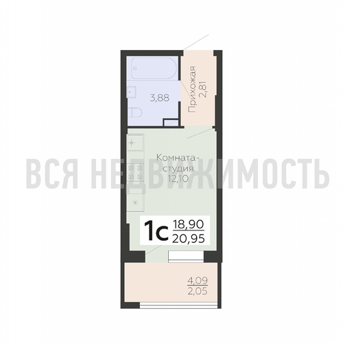 квартира-студия, 20,95кв.м. - изображение 0