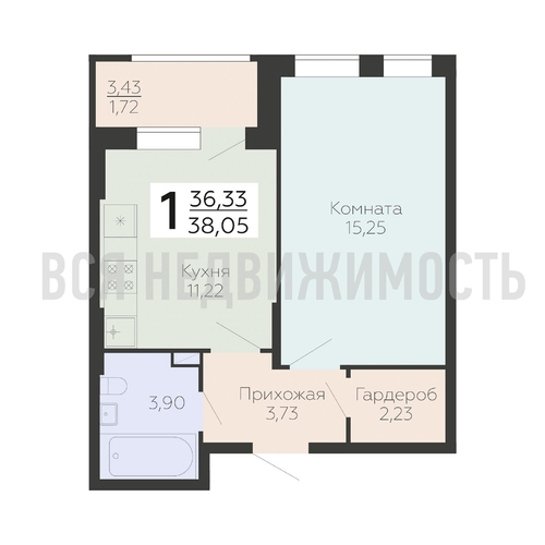 1-комнатная квартира, 38.05кв.м - изображение 0