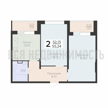 2-комнатная квартира, 55.24кв.м - изображение