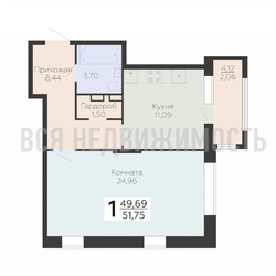 1-комнатная квартира, 51.75кв.м - изображение 1