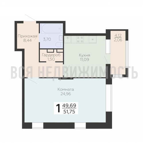 1-комнатная квартира, 51.75кв.м - изображение 0
