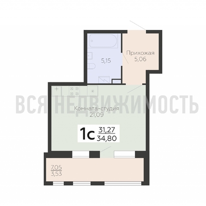 1-комнатная квартира, 34.8кв.м - изображение