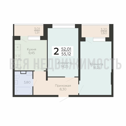 2-комнатная квартира, 55.12кв.м - изображение
