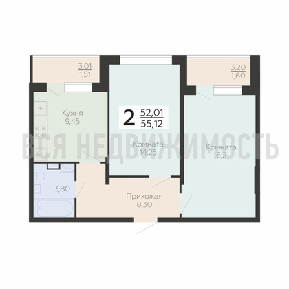 2-комнатная квартира, 55.12кв.м - изображение