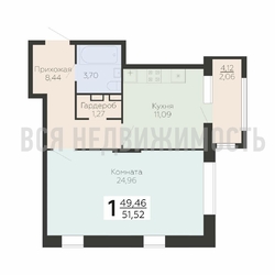 1-комнатная квартира, 51.52кв.м - изображение 1