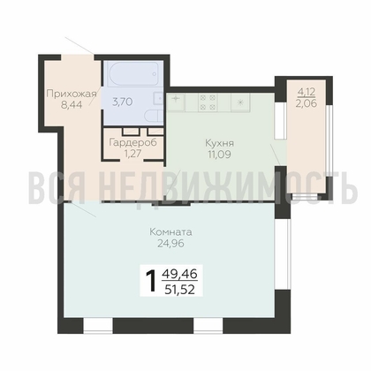 1-комнатная квартира, 51.52кв.м - изображение
