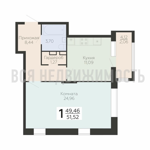 1-комнатная квартира, 51.52кв.м - изображение 0