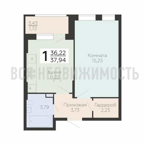 1-комнатная квартира, 37.94кв.м - изображение 0